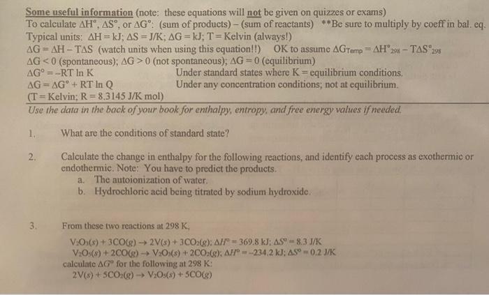 Some Useful Information Note These Equations Will Not Be Given On Quizzes Or Exams To Calculate Ah As Or Ag Sum 1