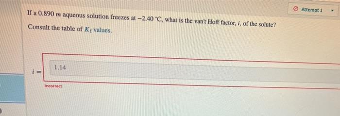 Attempt 1 If A 0 890 M Aqueous Solution Freezes At 2 40 C What Is The Vant Hoff Factor I Of The Solute Consult The 1