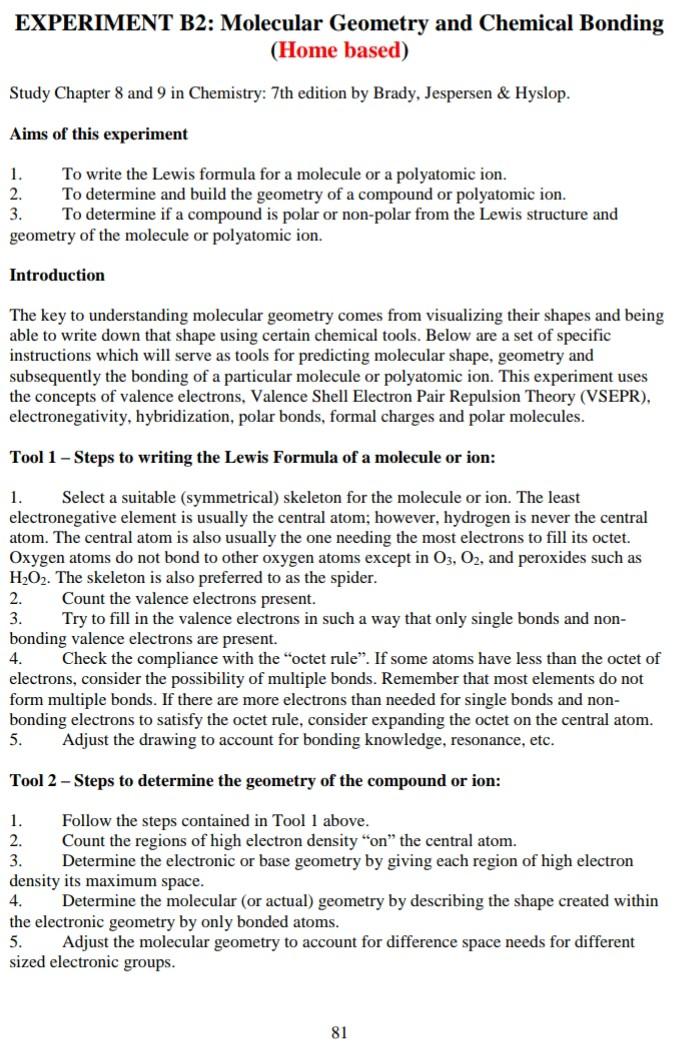 Experiment B2 Molecular Geometry And Chemical Bonding Home Based Study Chapter 8 And 9 In Chemistry 7th Edition By B 1