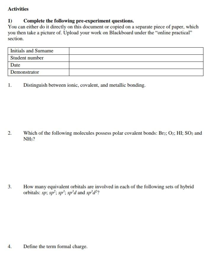 Experiment B2 Molecular Geometry And Chemical Bonding Home Based Study Chapter 8 And 9 In Chemistry 7th Edition By B 3