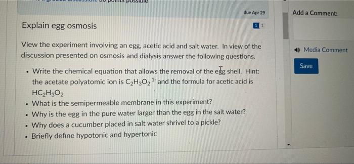 Pussin Due Apr 29 Add A Comment Explain Egg Osmosis 11 Media Comment Save View The Experiment Involving An Egg Aceti 1