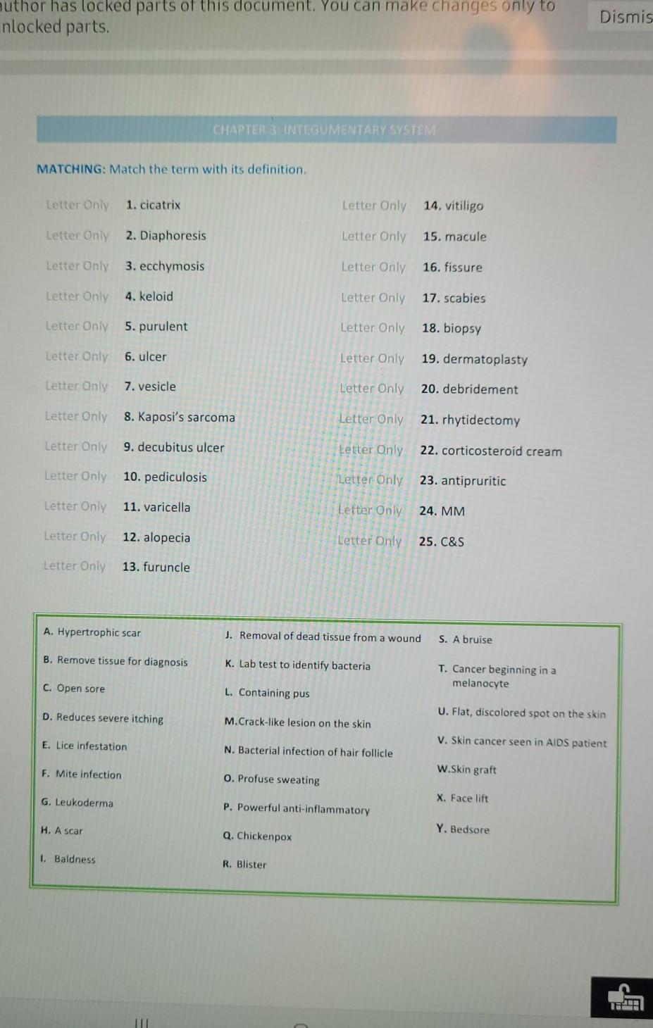 Uthor Has Locked Parts Of This Document You Can Make Changes Only To Inlocked Parts Dismis Chapter 3 Integumentary Sy 1