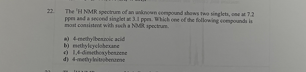 22 The H Nmr Spectrum Of An Unknown Compound Shows Two Singlets One At 7 2 Ppm And A Second Singlet At 3 1 Ppm Which 1