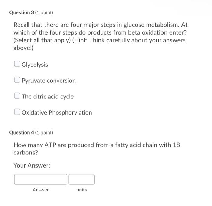 Question 1 1 Point What Is The Main Purpose Of Beta Oxidation To Produce Atp From Fat To Produce Co2 From Fat To Acti 2