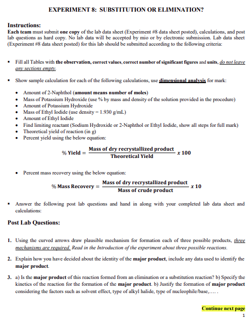 Experiment 8 Substitution Or Elimination Instructions Each Team Must Submit One Copy Of The Lab Data Sheet Experimen 1