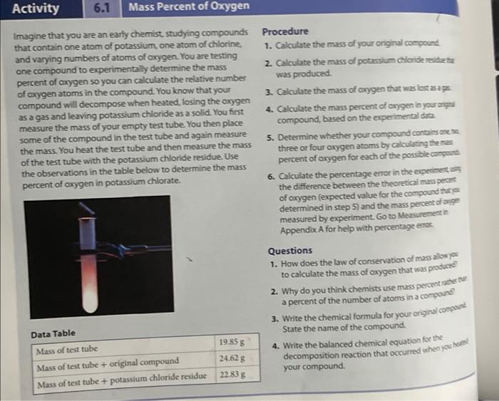 Activity 6 1 Mass Percent Of Oxygen Imagine That You Are An Early Chemist Studying Compounds Procedure That Contain One 1