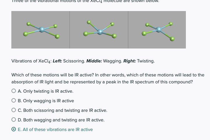 Ational Nown Below Vibrations Of Xecl4 Left Scissoring Middle Wagging Right Twisting Which Of These Motions Will 1