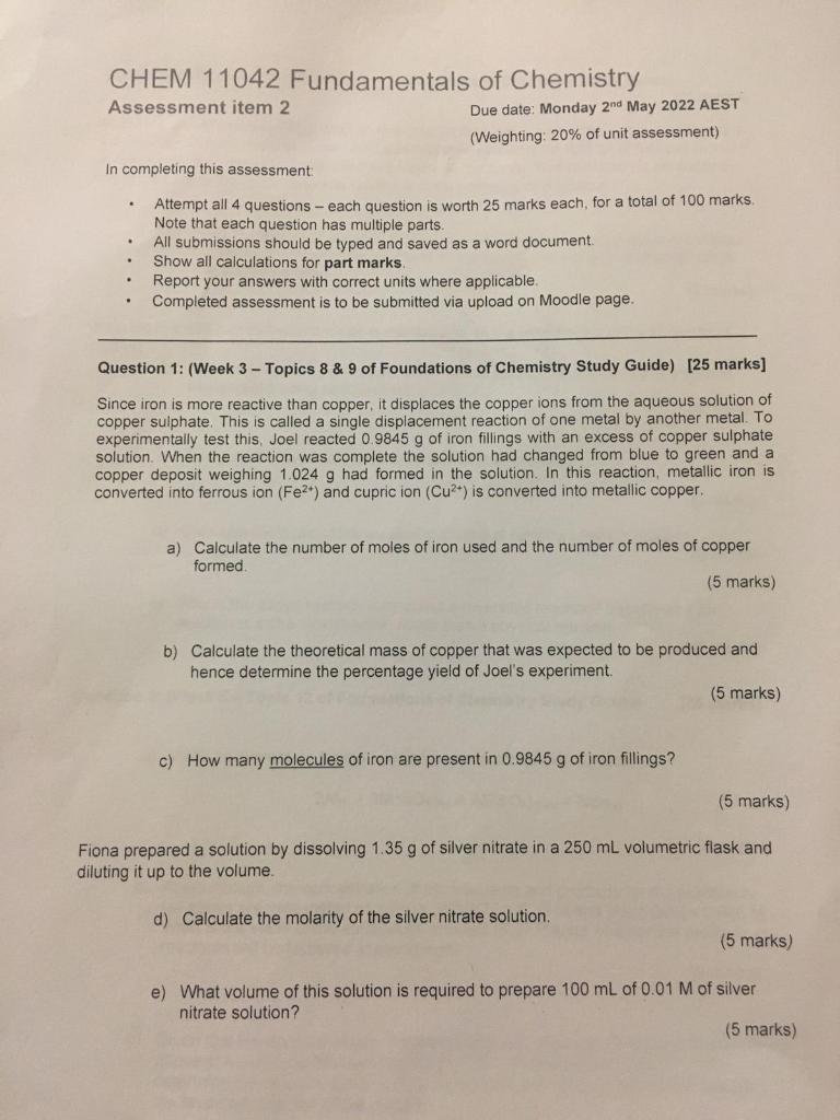 Chem 11042 Fundamentals Of Chemistry Assessment Item 2 Due Date Monday 2nd May 2022 Aest Weighting 20 Of Unit Assess 1