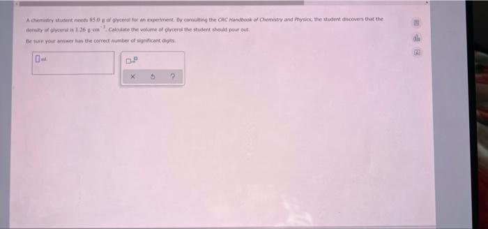 Achemistry Dentro 50 Obycerol For An Experiment By Conviting The Crc Handbook Of Chemory And Physics The Student Cover 1