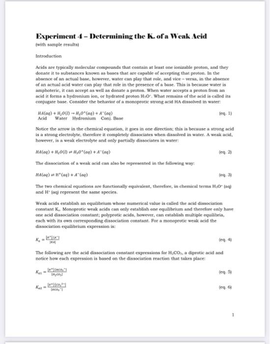 Experiment 4 Determining The K Of A Weak Acid With Sample Results Introduction Acids Are Typically Molecular Compoun 1