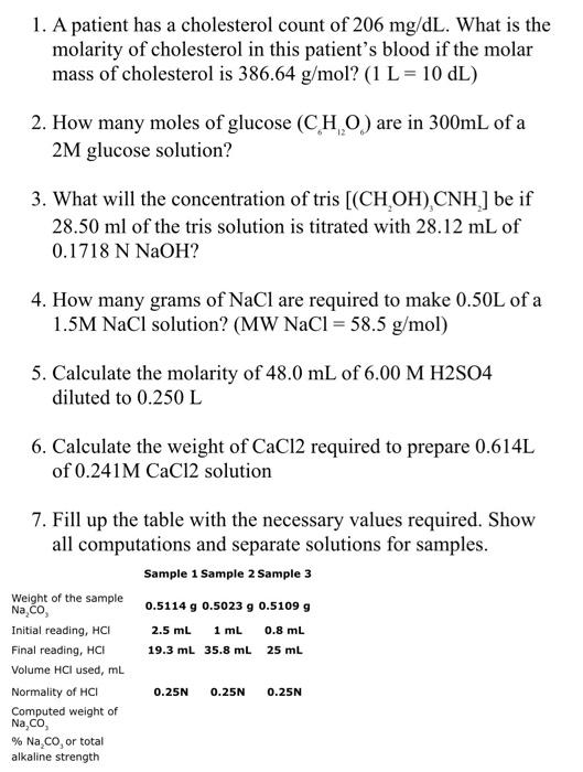 1 A Patient Has A Cholesterol Count Of 206 Mg Dl What Is The Molarity Of Cholesterol In This Patient S Blood If The Mo 1