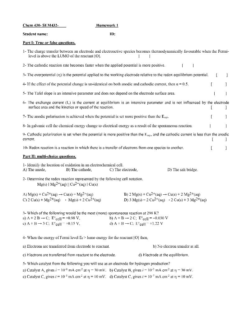 Chem 430 Sem432 Homework 1 Student Name Id Part I True Or False Questions 1 The Charge Transfer Between An Electr 1