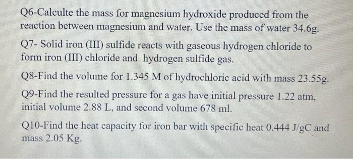 Q6 Calculte The Mass For Magnesium Hydroxide Produced From The Reaction Between Magnesium And Water Use The Mass Of Wat 1