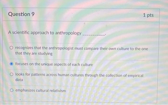 Question 3 1 Pts Holism In Cultural Anthropology Refers To O Attempts To Come Up With Laws Of Human Behavior The Belief 4