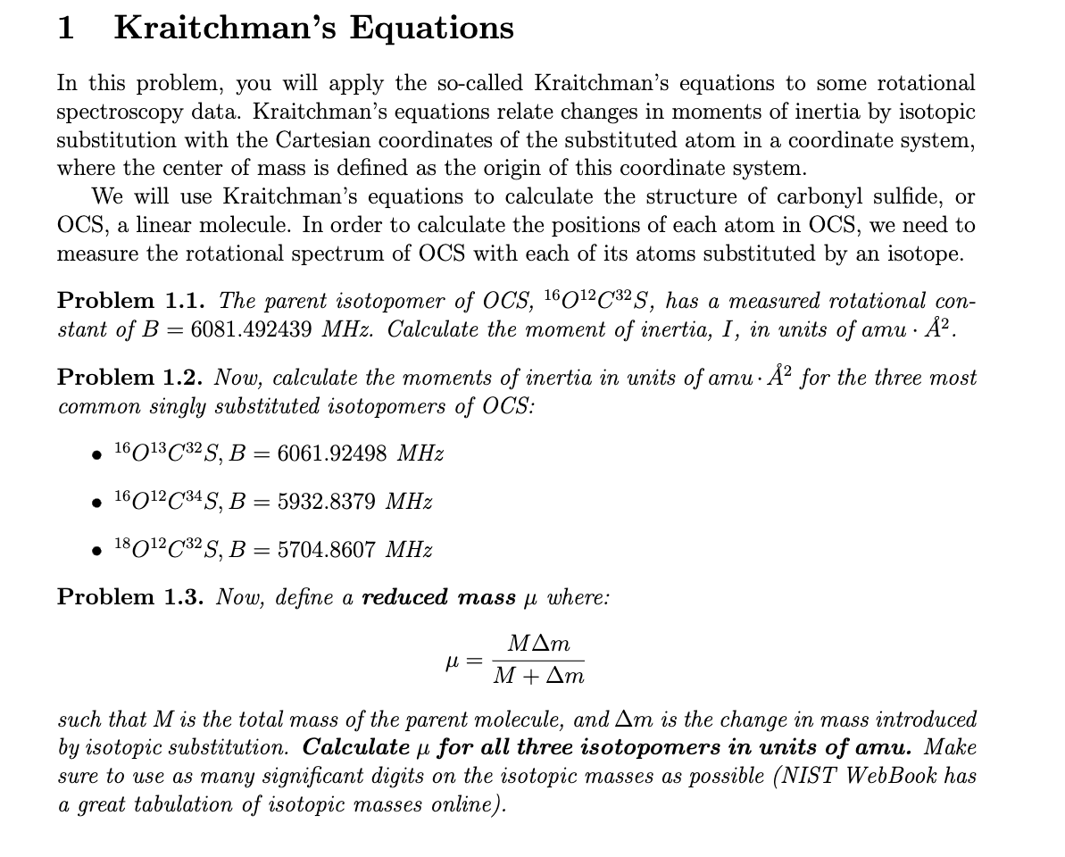 1 Kraitchman S Equations In This Problem You Will Apply The So Called Kraitchman S Equations To Some Rotational Spectro 1