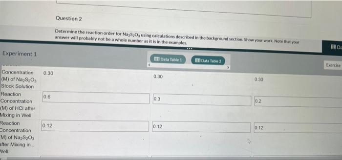 Exercise 1 Out 1 Question 2 10 10 Ho Question 2 Determine The Reaction Order For Na2s2o3 Using Calculations Described 6