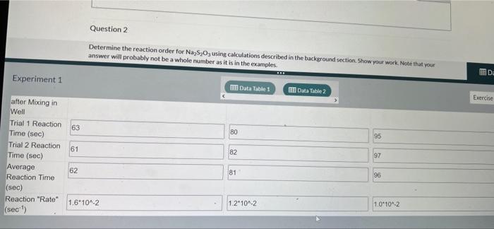 Exercise 1 Out 1 Question 2 10 10 Ho Question 2 Determine The Reaction Order For Na2s2o3 Using Calculations Described 7