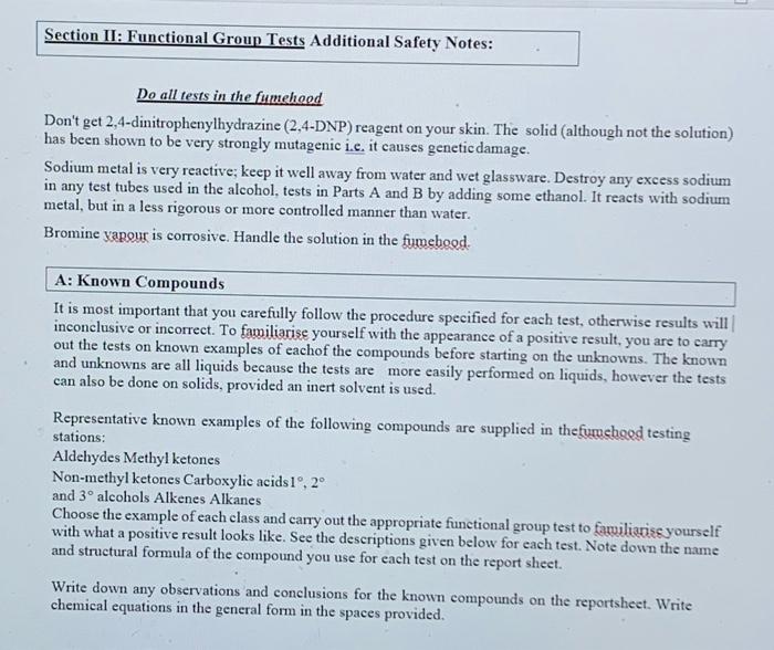 Section Ii Functional Group Tests Additional Safety Notes Do All Tests In The Fumehood Don T Get 2 4 Dinitrophenylhydr 1