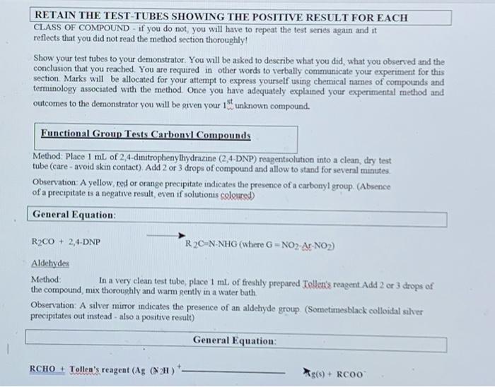 Section Ii Functional Group Tests Additional Safety Notes Do All Tests In The Fumehood Don T Get 2 4 Dinitrophenylhydr 2