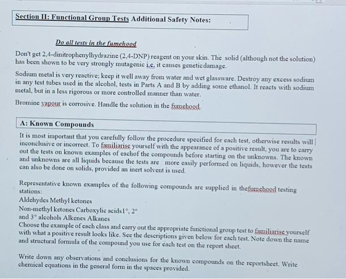 Section Ii Functional Group Tests Additional Safety Notes Do All Tests In The Fumehood Don T Get 2 4 Dinitrophenylhydr 1