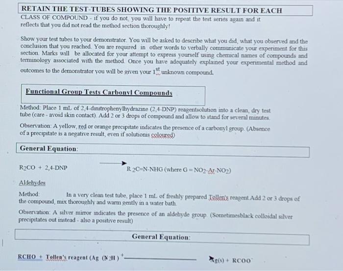 Section Ii Functional Group Tests Additional Safety Notes Do All Tests In The Fumehood Don T Get 2 4 Dinitrophenylhydr 2
