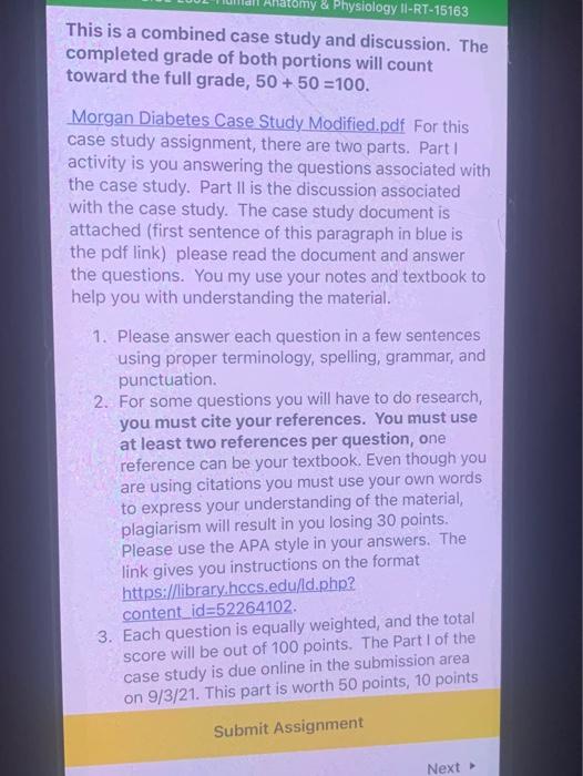 Hatomy Physiology Il Rt 15163 This Is A Combined Case Study And Discussion The Completed Grade Of Both Portions Will 1