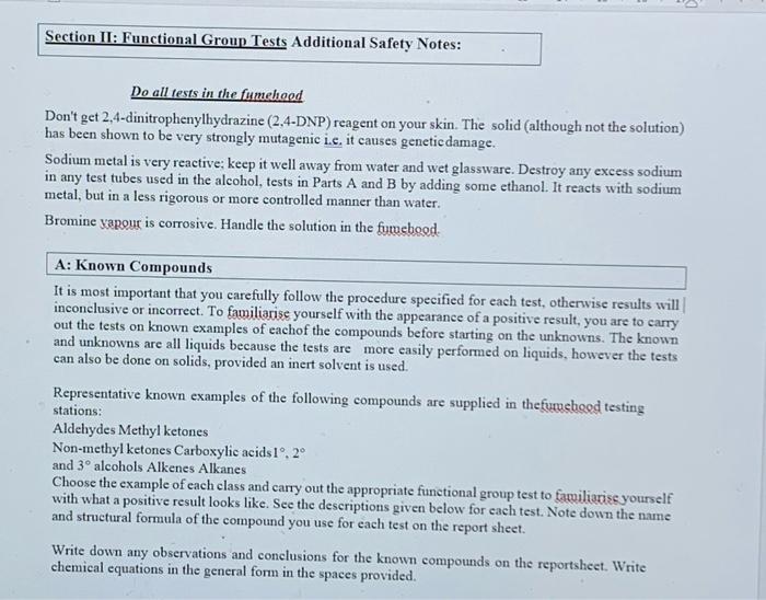 Section Ii Functional Group Tests Additional Safety Notes Do All Tests In The Fumehood Don T Get 2 4 Dinitrophenylhyd 1