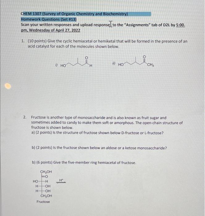 Chem 1307 Survey Of Organic Chemistry And Biochemistry Homework Questions Set 13 Scan Your Written Responses And Up 1