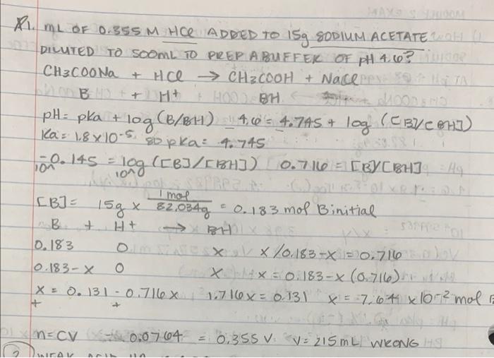 1ond X1 Ml Of 0 35s M Hce Added To Iso Sodium Acetateh Diluted To Soome To Prep A Buffek Of Phaw Ch3coona Hcl Ch2co 1