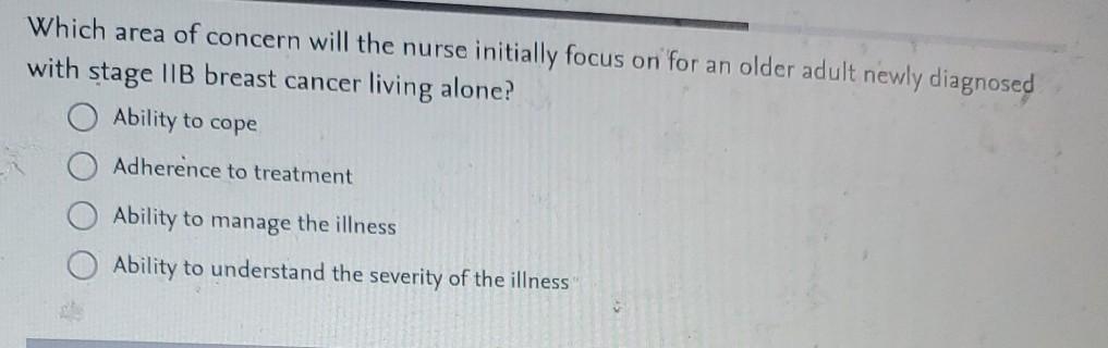 Which Area Of Concern Will The Nurse Initially Focus On For An Older Adult Newly Diagnosed With Stage Iib Breast Cancer 1