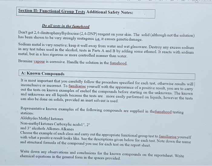 Section Ii Functional Group Tests Additional Safety Notes Do All Tests In The Fumehood Don T Get 2 4 Dinitrophenylhydr 1