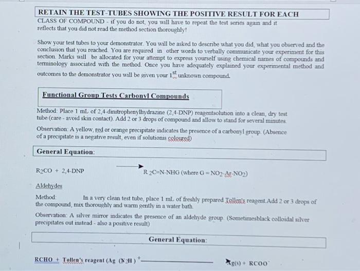 Section Ii Functional Group Tests Additional Safety Notes Do All Tests In The Fumehood Don T Get 2 4 Dinitrophenylhydr 2