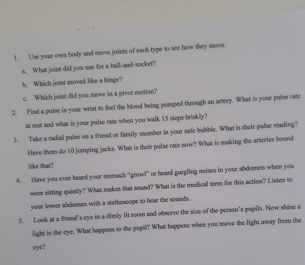 1 Use Your Own Body And Move Joints Of Each Type To See How They Move A What Joint Did You Use For A Ball And Socket 1