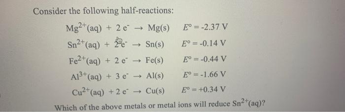 Consider The Following Half Reactions Mg2 Aq 2 E Mg S E 2 37 V Sn2 Aq De Sn S E 0 14 V Fe2 Aq 1
