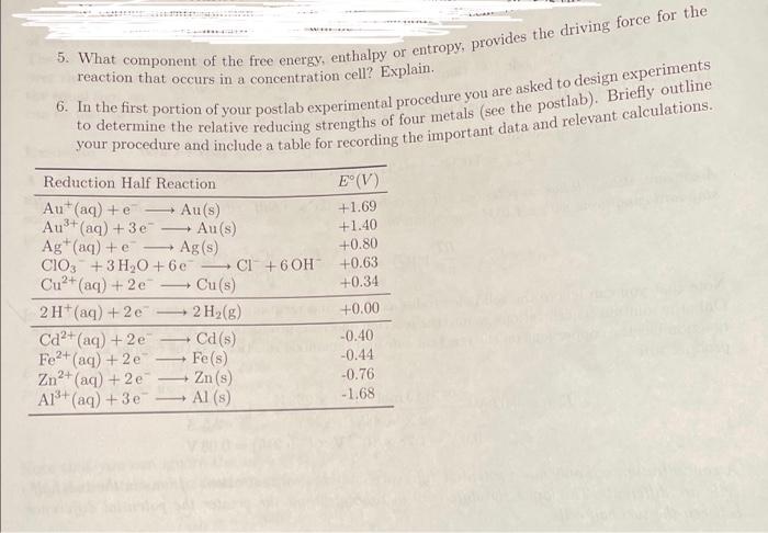 5 What Component Of The Free Energy Enthalpy Or Entropy Provides The Driving Force For The Reaction That Occurs In A 1