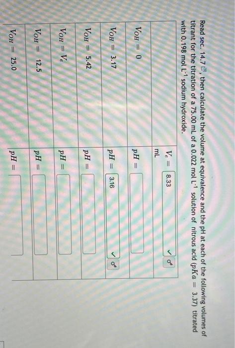 Read Sec 14 7 D Then Calculate The Volume At Equivalence And The Ph At Each Of The Following Volumes Of Titrant For Th 1