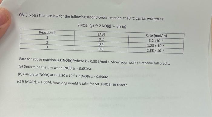 05 15 Pts The Rate Law For The Following Second Order Reaction At 10 C Can Be Written As 2 Nobr 2 No G Bra 1