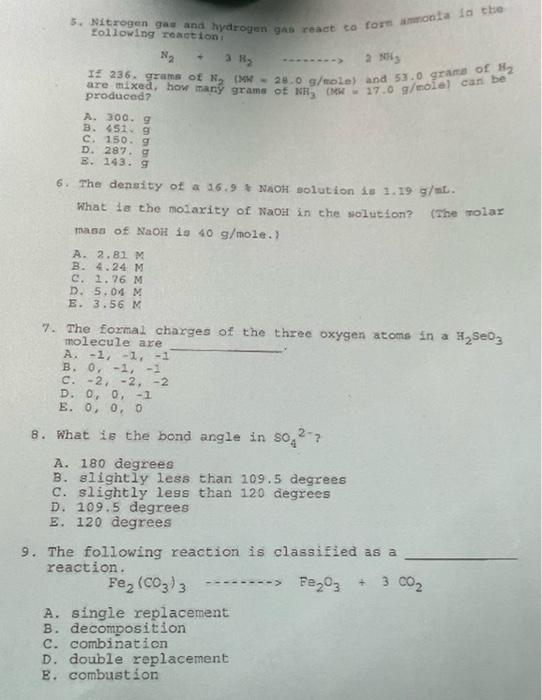 5 Nitrogen Gas And Hydrogen Gas React To Form Aantal Be Lollowing Tention Ng 2 Nhs Are Mixed How Many Grams Of Nrc 17 1
