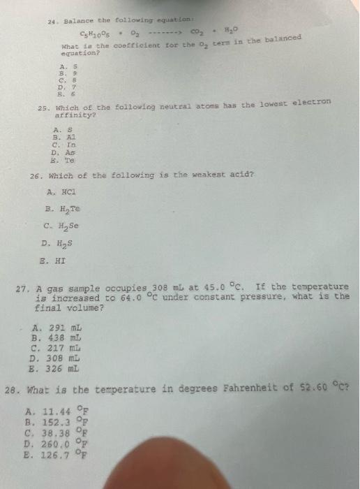 H 24 Balance The Following Equation Ch 005 O Co What Fe The Coolilent For The O Ters In The Balanced A 5 B 1