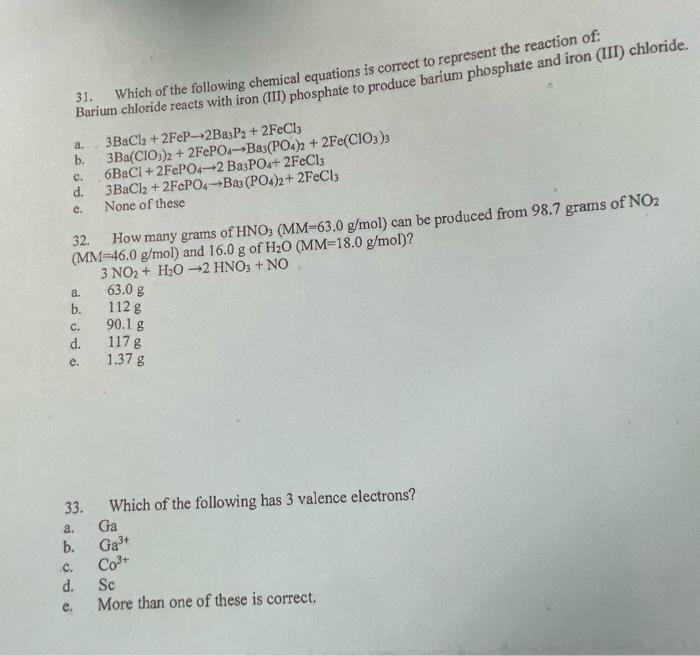 31 Which Of The Following Chemical Equations Is Correct To Represent The Reaction Of Barium Chloride Reacts With Iron 1