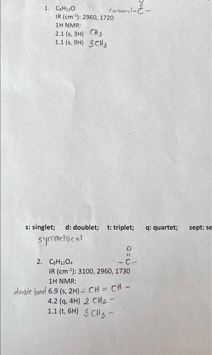 1 Ch120 Carbonyl C Ir Cm 2960 1720 1h Nmr 2 1 S 3h Che 1 1 S 9h 3 Ch3 Q Quartet Sept Se S Singlet D D 1
