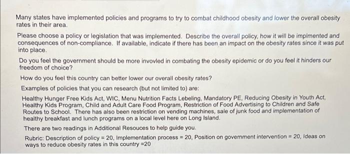 Many States Have Implemented Policies And Programs To Try To Combat Childhood Obesity And Lower The Overall Obesity Rate 1