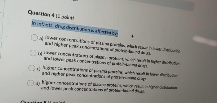 Question 4 1 Point In Infants Drug Distribution Is Affected By A Lower Concentrations Of Plasma Proteins Which Res 1