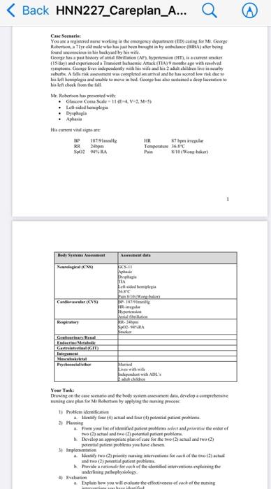 Back Hnn227 Careplan A Q Q Yeonard Working In The Emergency Descaring For Mr George Retalye Who Has Just Been Brou 1