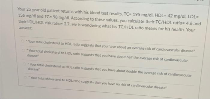 Your 25 Year Old Patient Returns With His Blood Test Results Tc 195 Mg Dl Hdl 42 Mg Dl Ldl 156 Mg Dl And Tg 98 Mg 1
