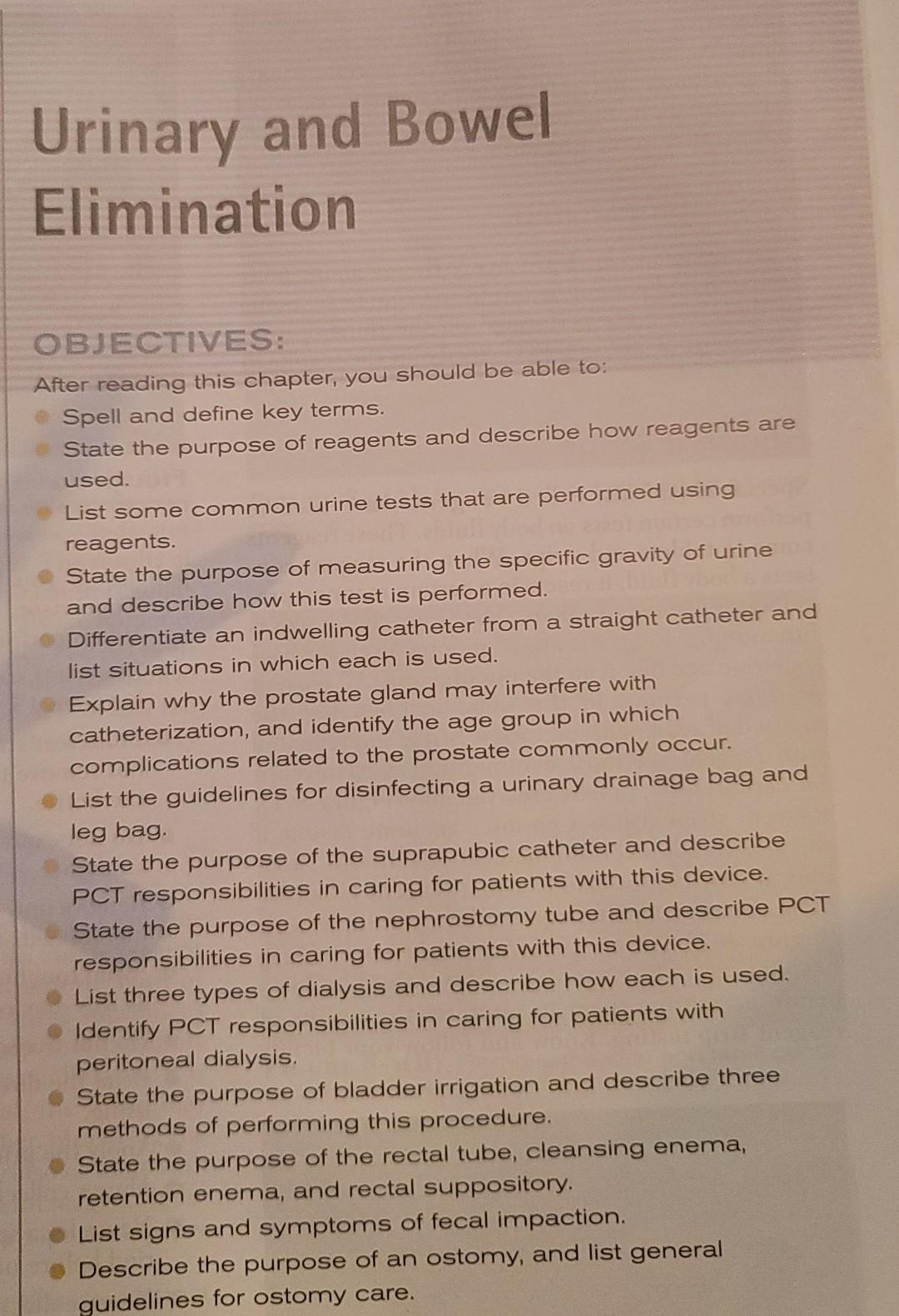 Urinary And Bowel Elimination Objectives After Ding This Chapter You Should Be Able To Spell And Define Key Terms St 1