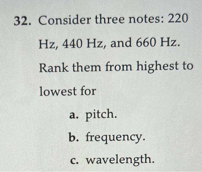 32 Consider Three Notes 220 Hz 440 Hz And 660 Hz Rank Them From Highest To Lowest For A Pitch B Frequency C Wav 1