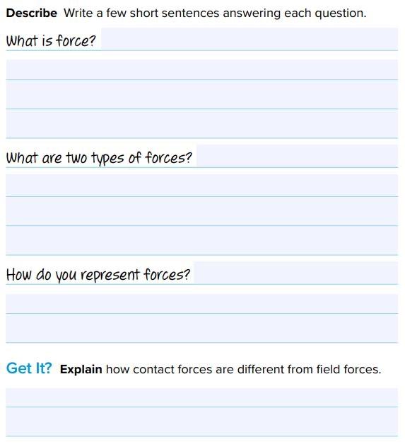 Describe Write A Few Short Sentences Answering Each Question What Is Force What Are Two Types Of Forces How Do You Re 1
