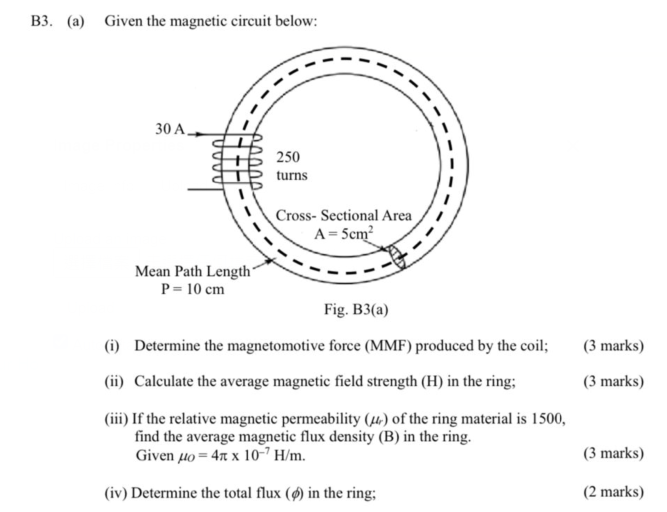 B3 A Given The Magnetic Circuit Below 30 A 250 Turns Cross Sectional Area A 5cm Mean Path Length P 10 Cm Fig B3 1
