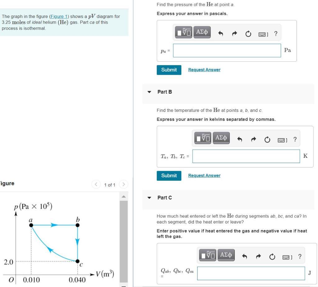 Find The Pressure Of The He At Point A Express Your Answer In Pascals The Graph In The Figure Figure 1 Shows A Pv Dia 1
